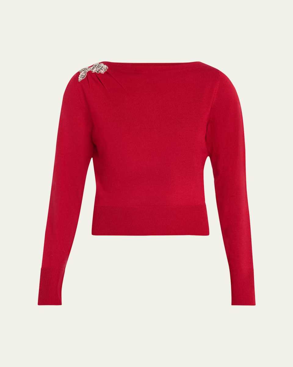 Draped Cutout Sleeve Crystal Patch Wool Sweat